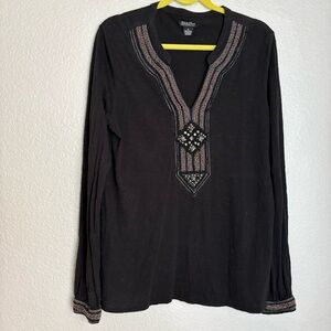 Lucky Brand Y2K long Sleeve embellishment v neck women top XL Black beads boho